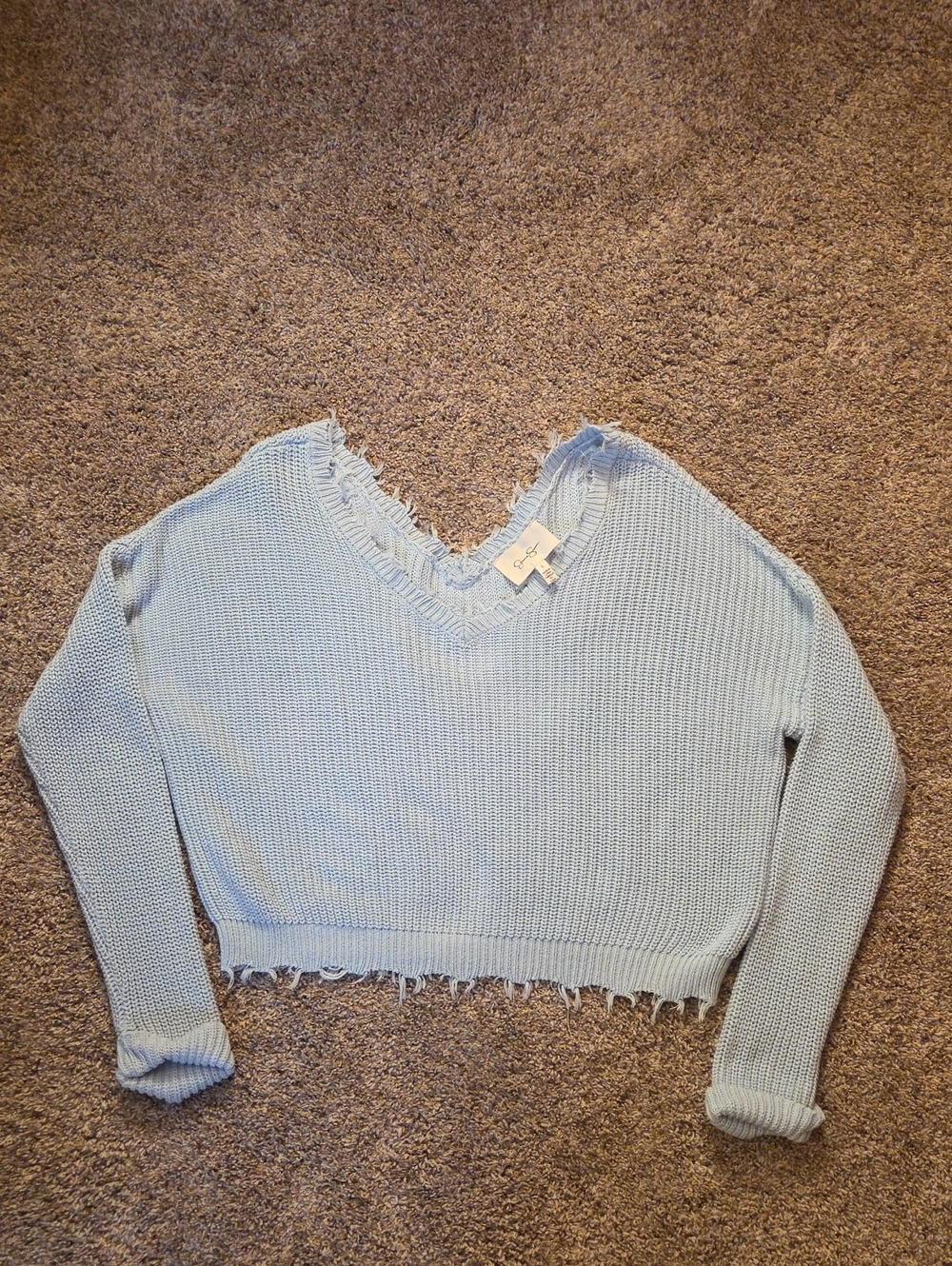 Jessica Simpson Frayed V-Neck Cropped Sweater - Light Blue Size Large